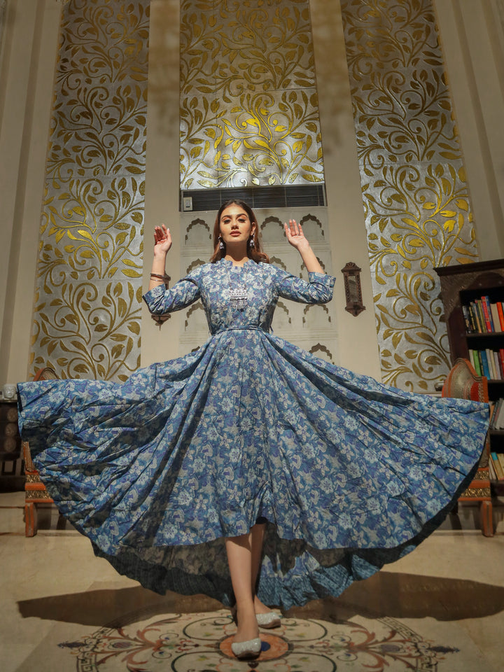 Women Indigo Blue High Low Flared Kurta With Belt | LASVINI - Redefining Indian Fashion with Elegance