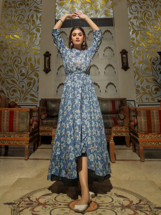 Women Indigo Blue High Low Flared Kurta With Belt | LASVINI - Redefining Indian Fashion with Elegance