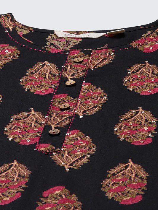 Women'S Black Floral Print Cotton Straight Kurta | LASVINI - Redefining Indian Fashion with Elegance