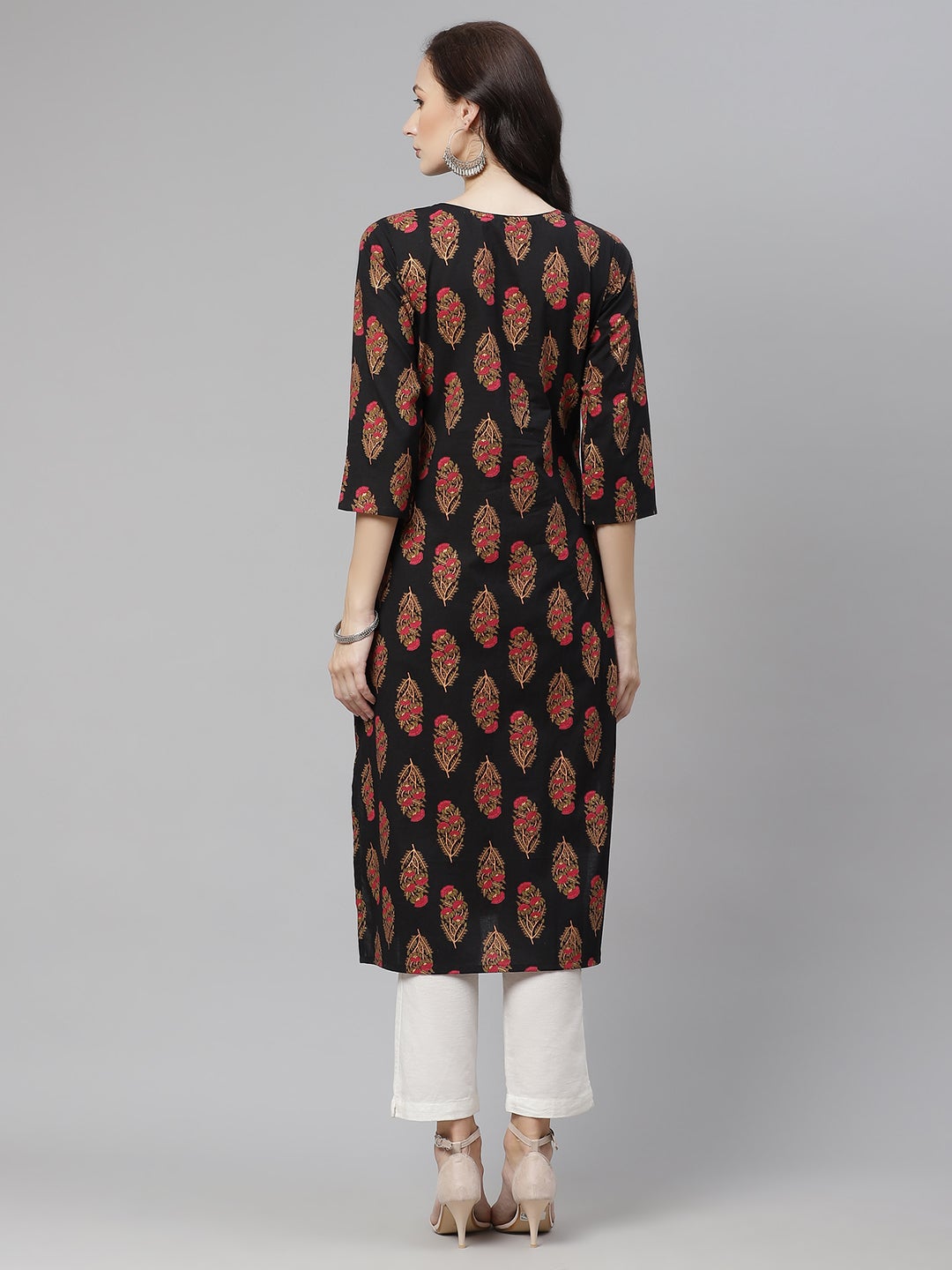 Women'S Black Floral Print Cotton Straight Kurta | LASVINI - Redefining Indian Fashion with Elegance