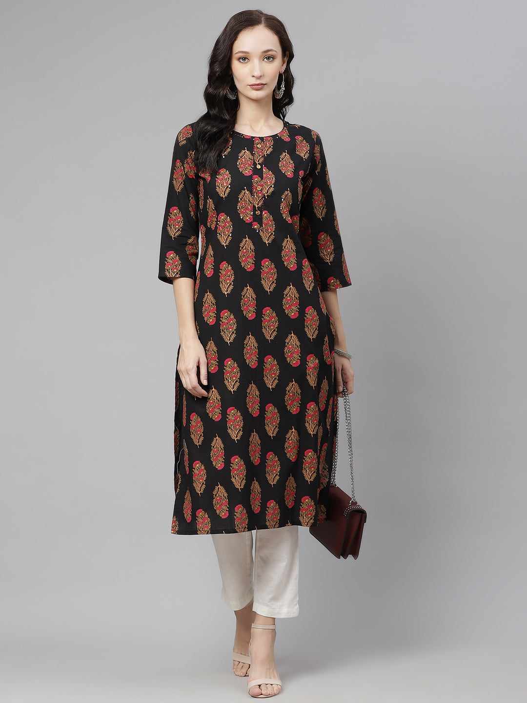 Women'S Black Floral Print Cotton Straight Kurta | LASVINI - Redefining Indian Fashion with Elegance