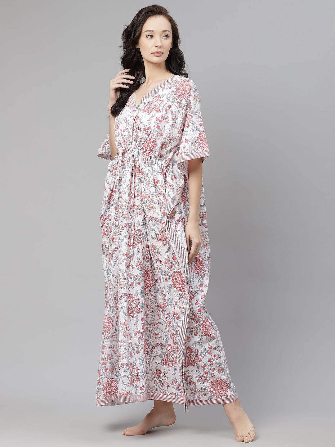 Women'S White And Pink Floral Print Kaftan | LASVINI - Redefining Indian Fashion with Elegance