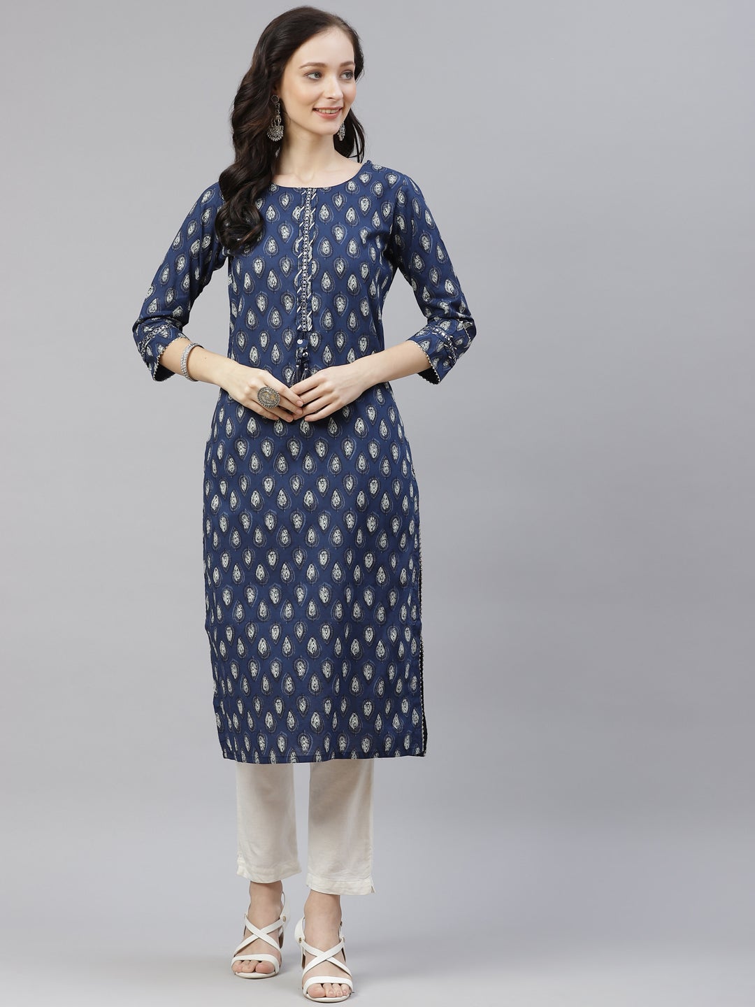 Women'S Blue Booti Print Cotton Straight Kurti | LASVINI - Redefining Indian Fashion with Elegance