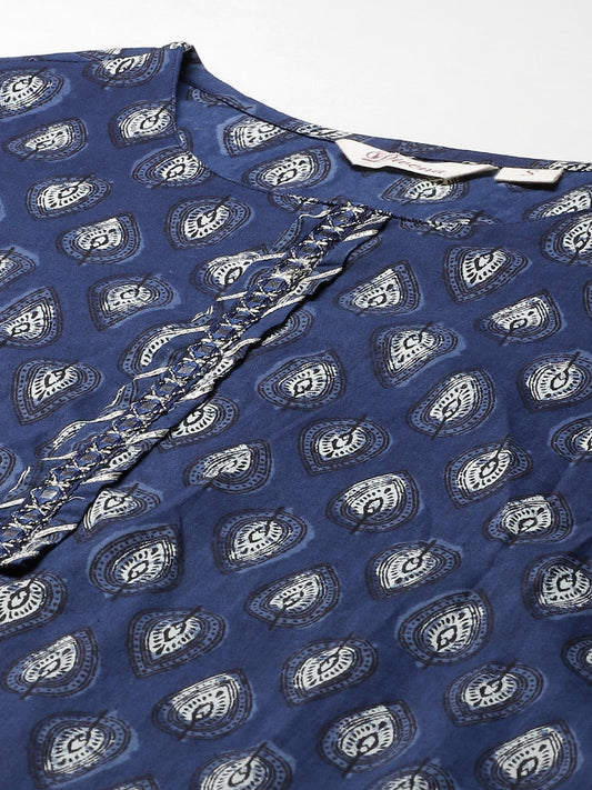 Women'S Blue Booti Print Cotton Straight Kurti | LASVINI - Redefining Indian Fashion with Elegance
