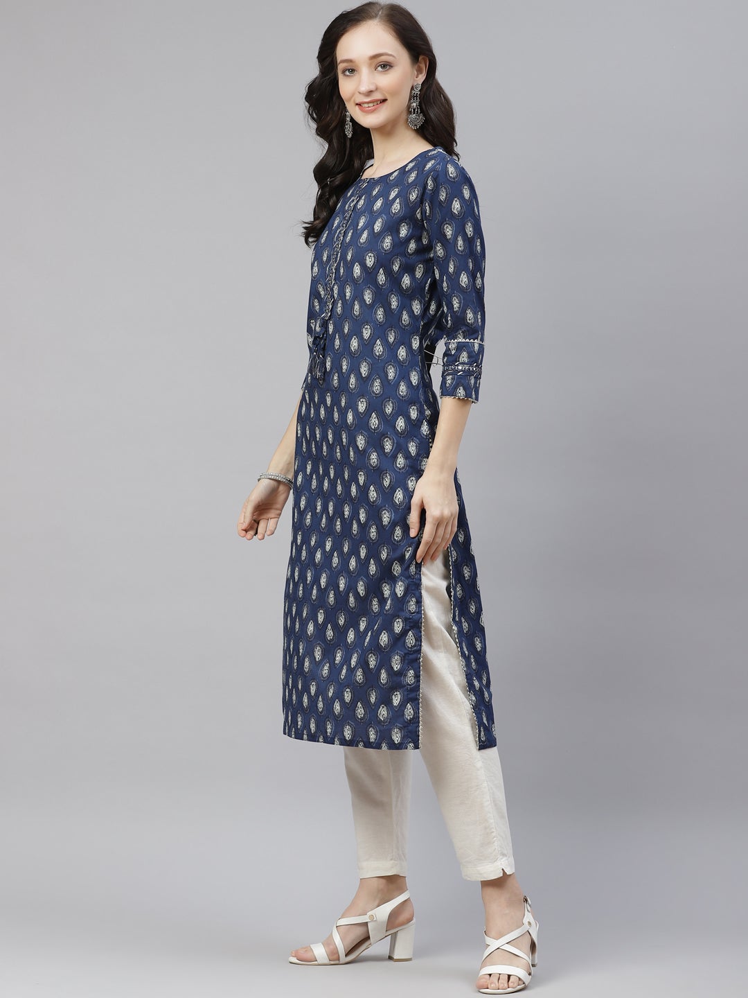 Women'S Blue Booti Print Cotton Straight Kurti | LASVINI - Redefining Indian Fashion with Elegance