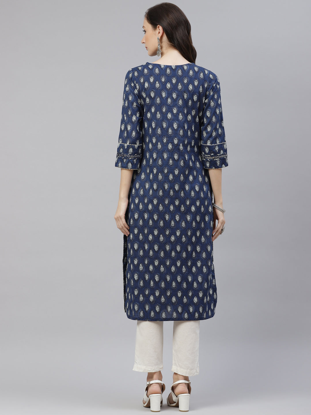 Women'S Blue Booti Print Cotton Straight Kurti | LASVINI - Redefining Indian Fashion with Elegance