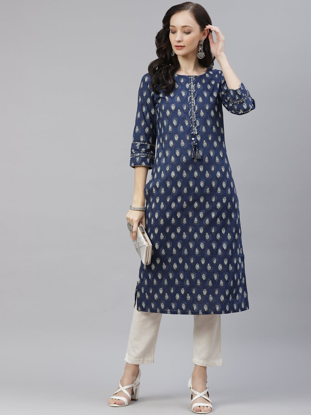 Women'S Blue Booti Print Cotton Straight Kurti | LASVINI - Redefining Indian Fashion with Elegance
