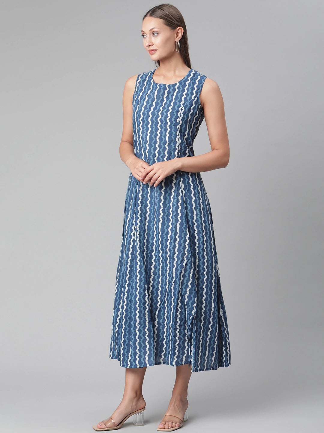 Women'S Blue Cotton Long Dress | LASVINI - Redefining Indian Fashion with Elegance