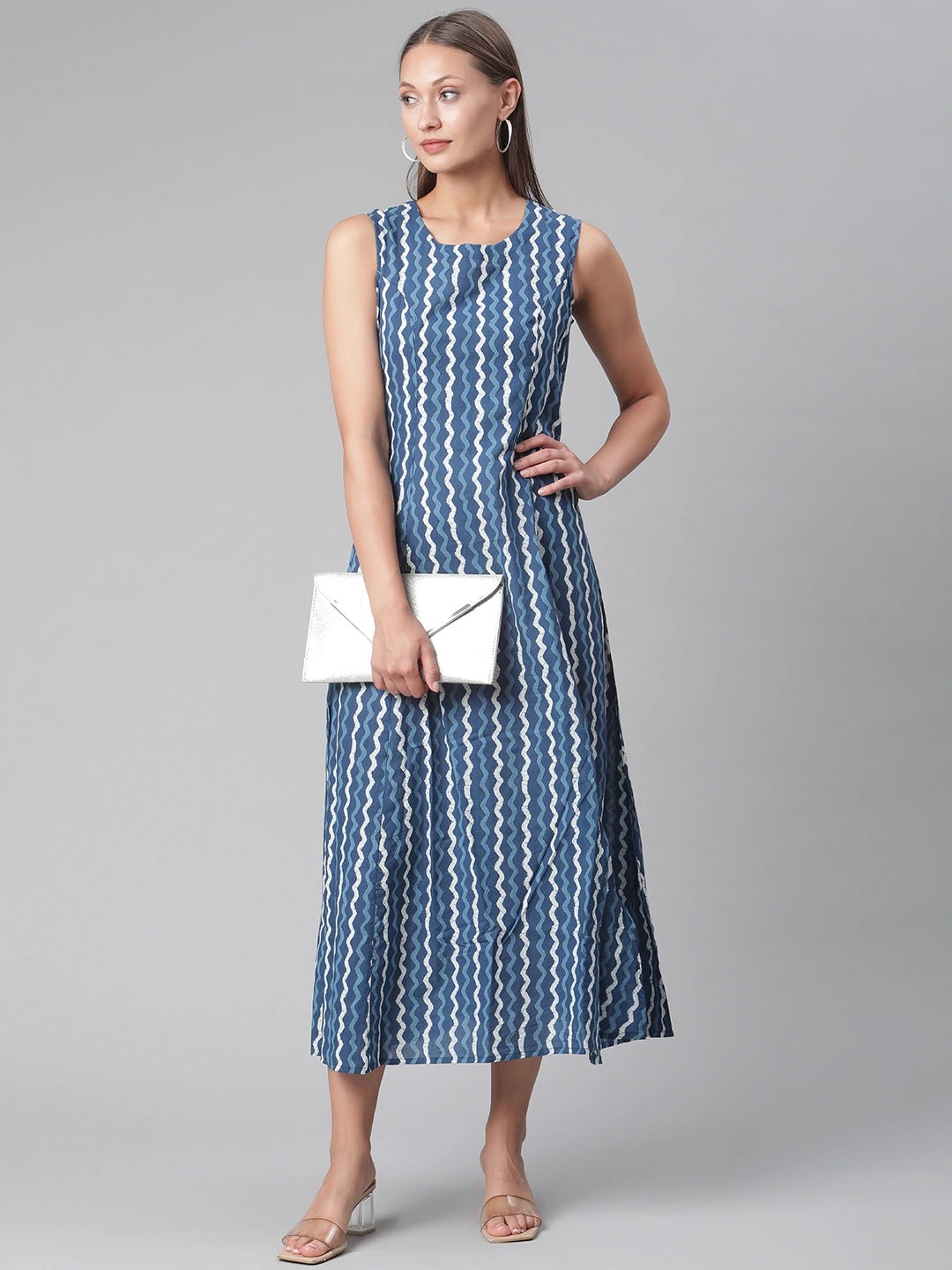 Women'S Blue Cotton Long Dress | LASVINI - Redefining Indian Fashion with Elegance