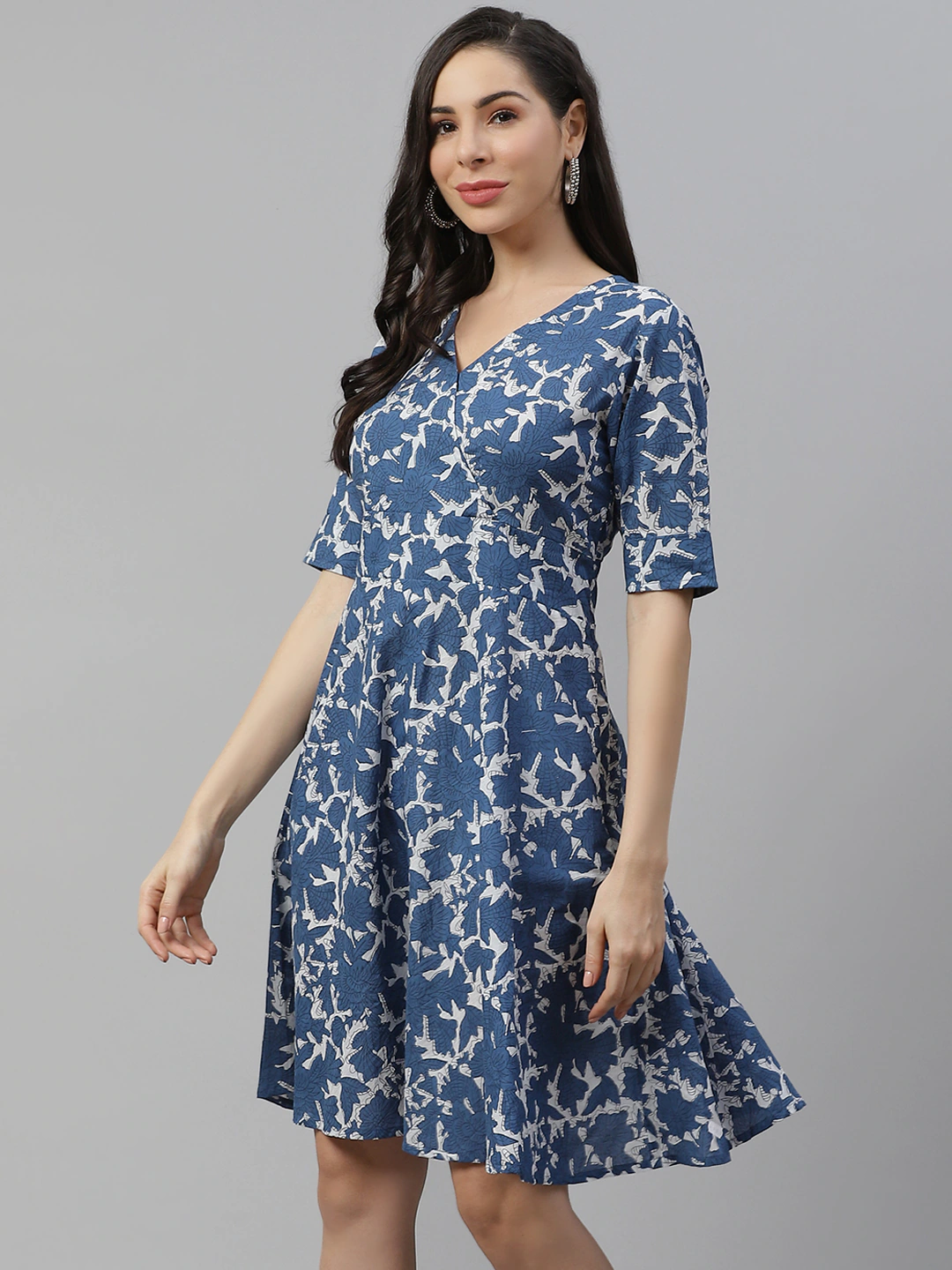 Women'S Indigo Print Knee Length Dress | LASVINI - Redefining Indian Fashion with Elegance