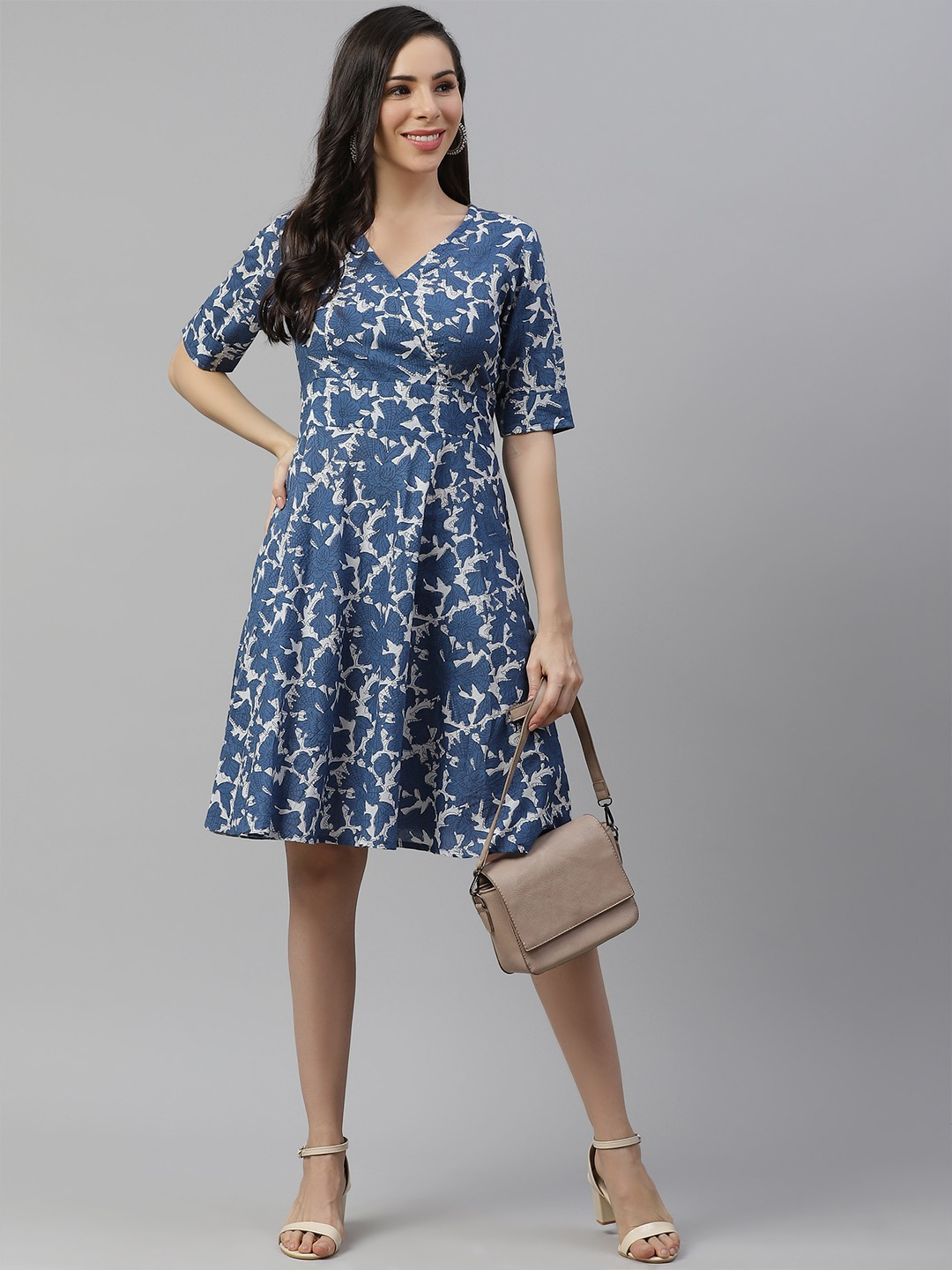 Women'S Indigo Print Knee Length Dress | LASVINI - Redefining Indian Fashion with Elegance