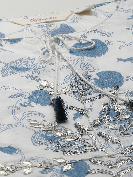 Women'S White And Blue Cotton Kurta And Pant Set | LASVINI - Redefining Indian Fashion with Elegance