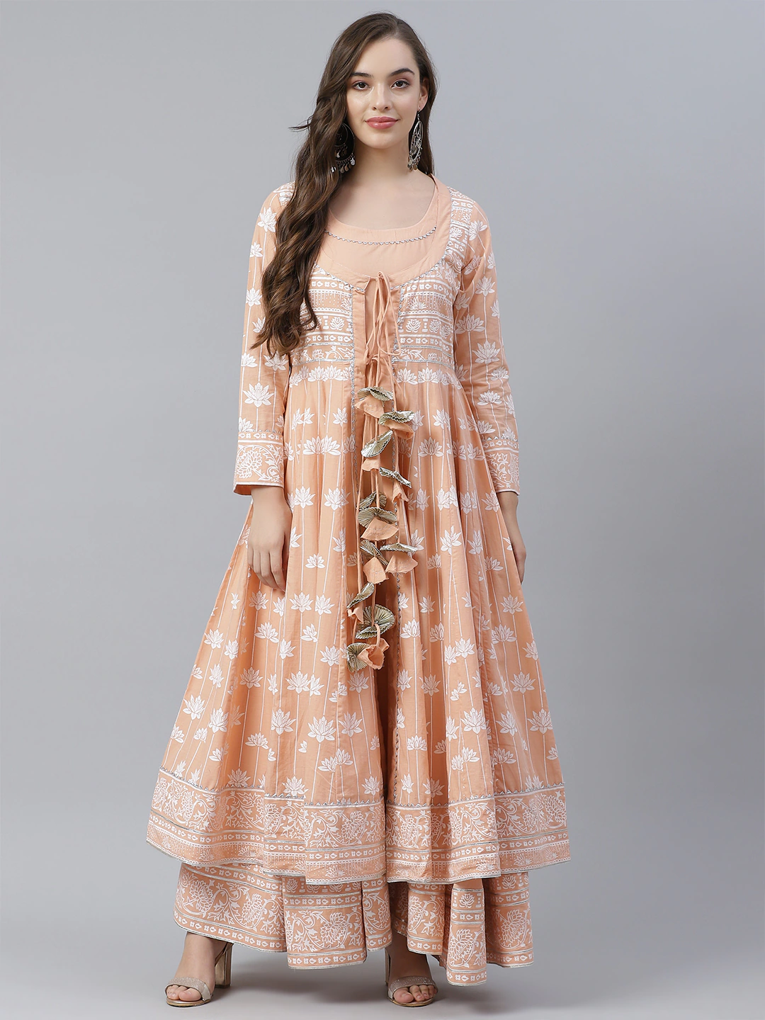 Women'S Peach Double Layered Cotton Flared Kurta With Jacket | LASVINI - Redefining Indian Fashion with Elegance
