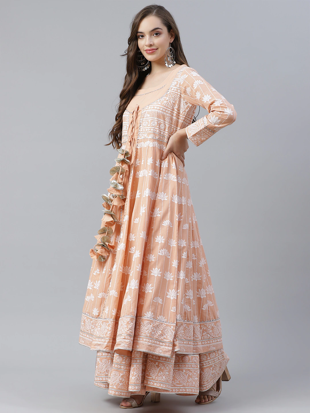 Women'S Peach Double Layered Cotton Flared Kurta With Jacket | LASVINI - Redefining Indian Fashion with Elegance
