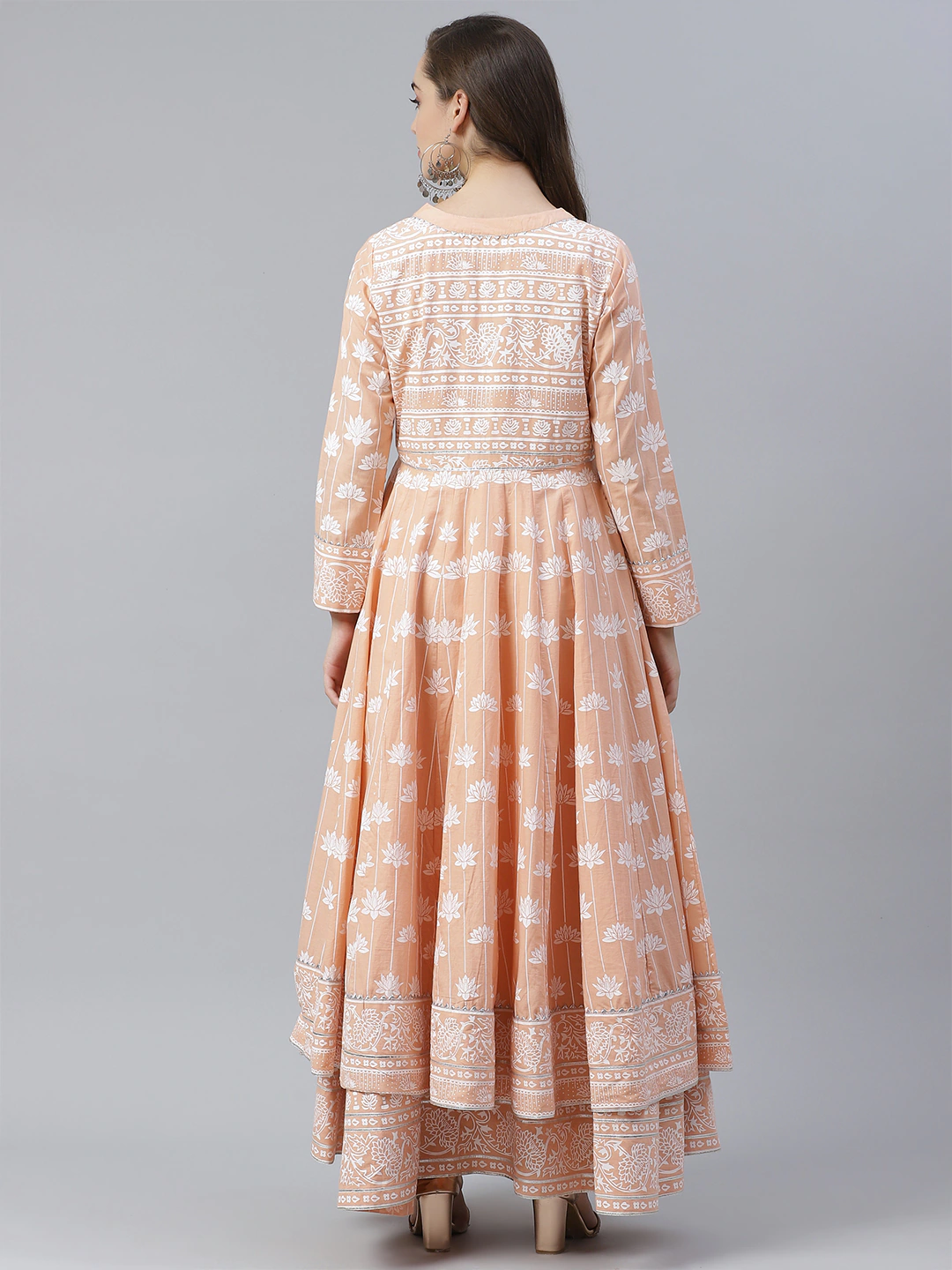 Women'S Peach Double Layered Cotton Flared Kurta With Jacket | LASVINI - Redefining Indian Fashion with Elegance
