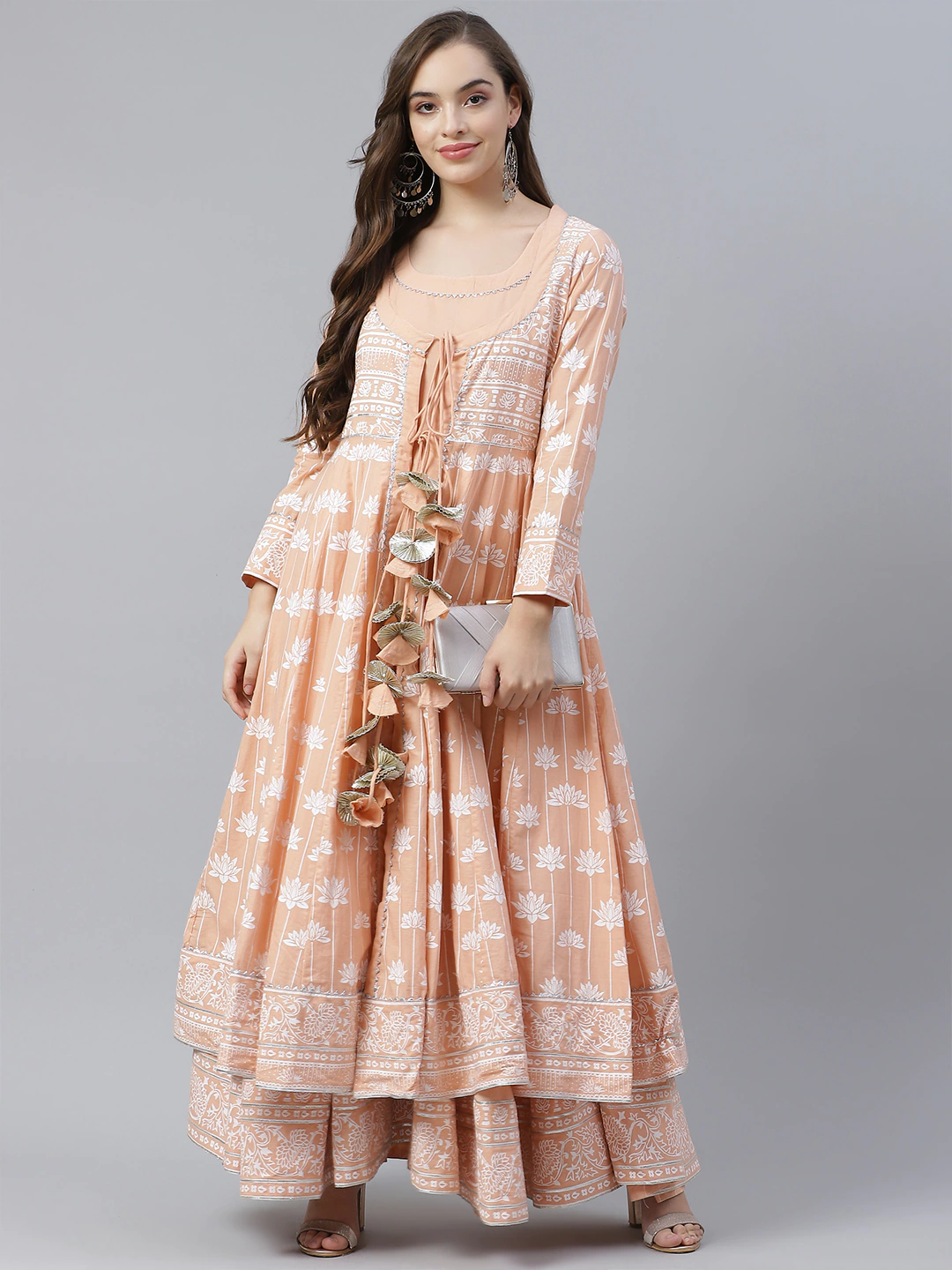 Women'S Peach Double Layered Cotton Flared Kurta With Jacket | LASVINI - Redefining Indian Fashion with Elegance