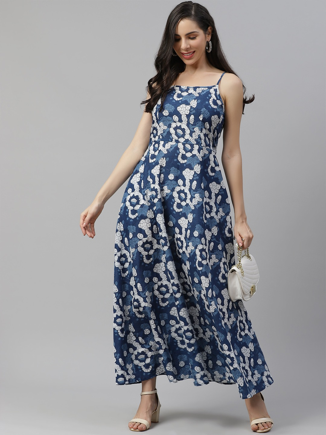 Women'S Indigo Print Cotton Long Dress | LASVINI - Redefining Indian Fashion with Elegance