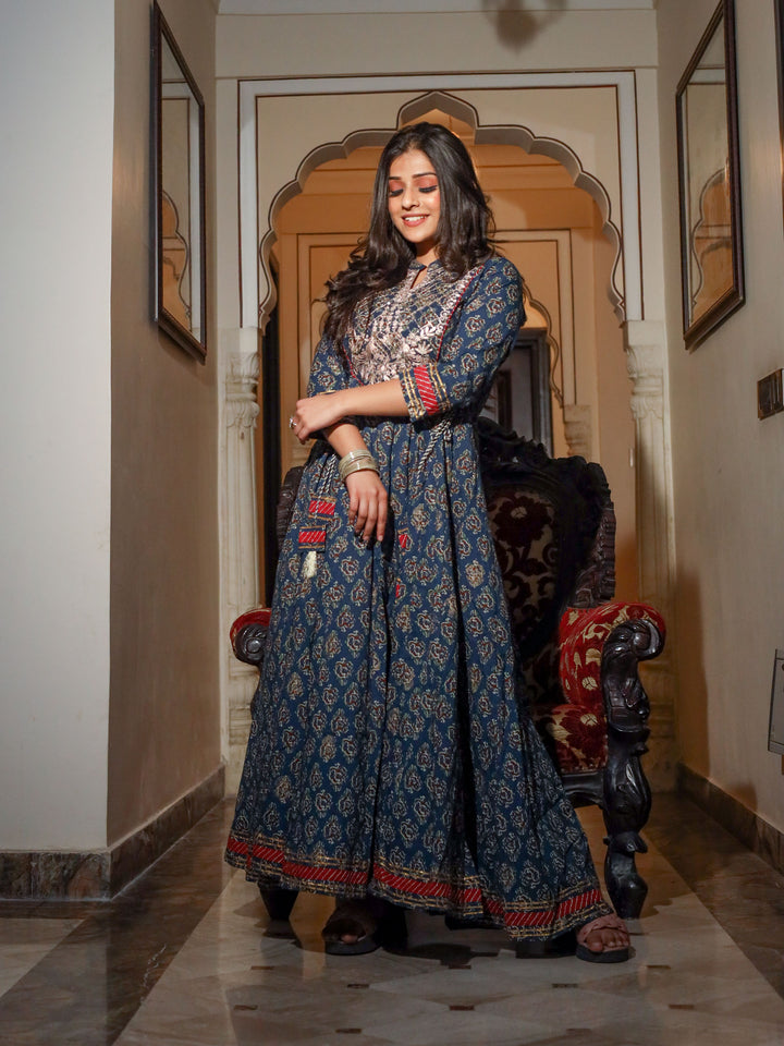 Women'S Blue Cotton Anarkali Kurta | LASVINI - Redefining Indian Fashion with Elegance