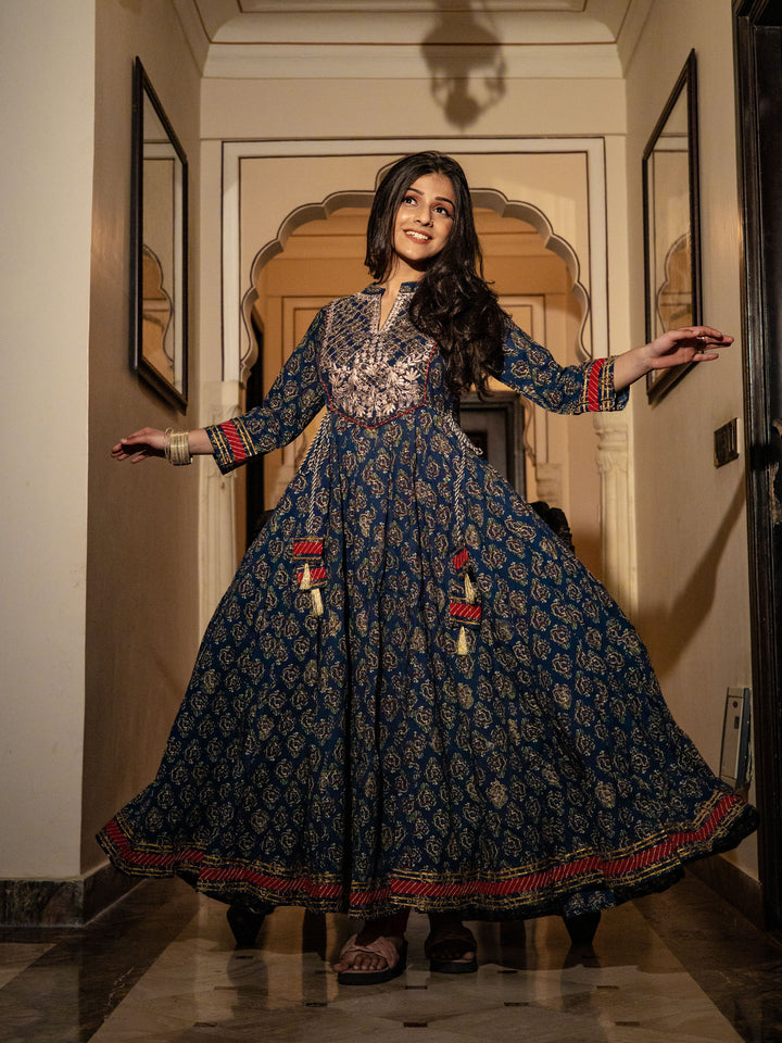 Women'S Blue Cotton Anarkali Kurta | LASVINI - Redefining Indian Fashion with Elegance