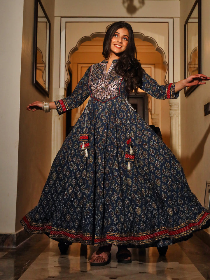 Women'S Blue Cotton Anarkali Kurta | LASVINI - Redefining Indian Fashion with Elegance