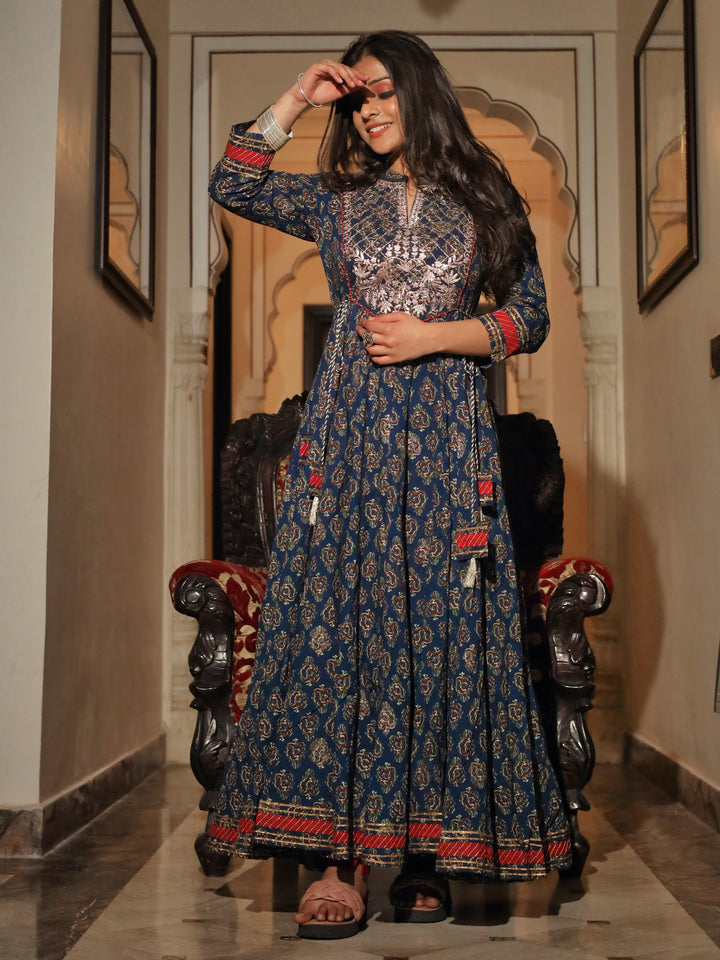 Women'S Blue Cotton Anarkali Kurta | LASVINI - Redefining Indian Fashion with Elegance