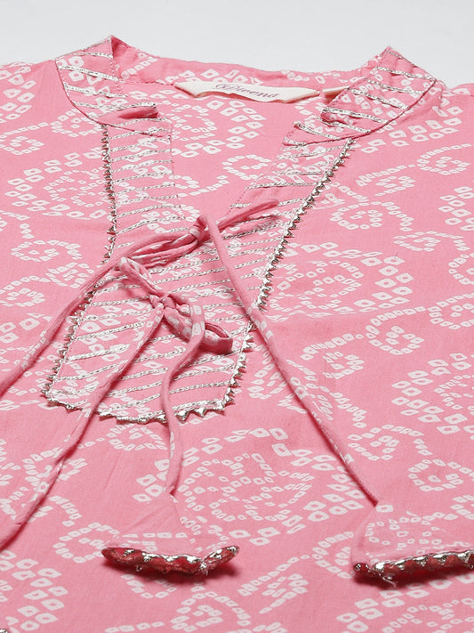 Women'S Pink Bandhej Gota Patti Work Kurta With Palazzo Set | LASVINI - Redefining Indian Fashion with Elegance