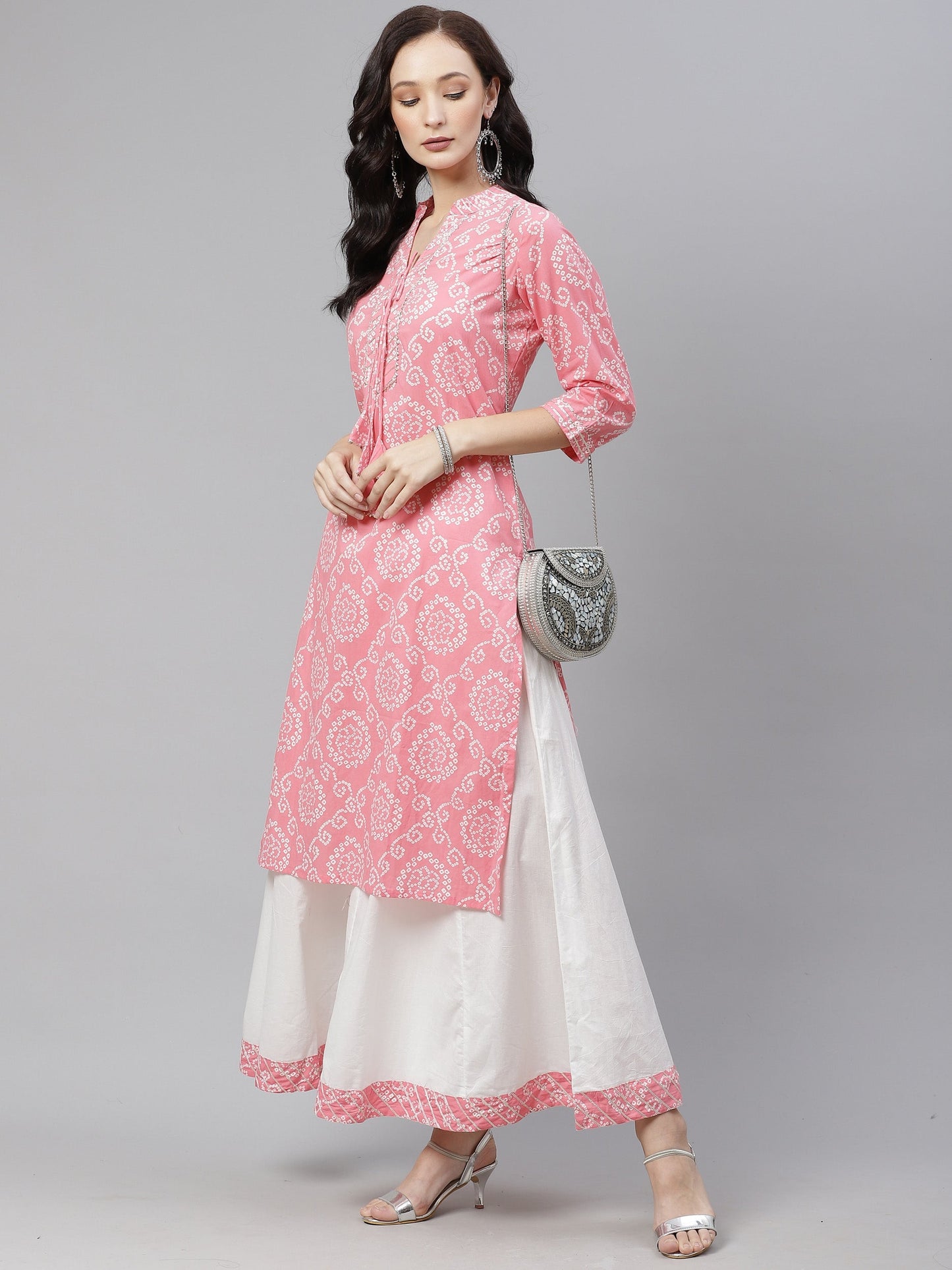 Women'S Pink Bandhej Gota Patti Work Kurta With Palazzo Set | LASVINI - Redefining Indian Fashion with Elegance