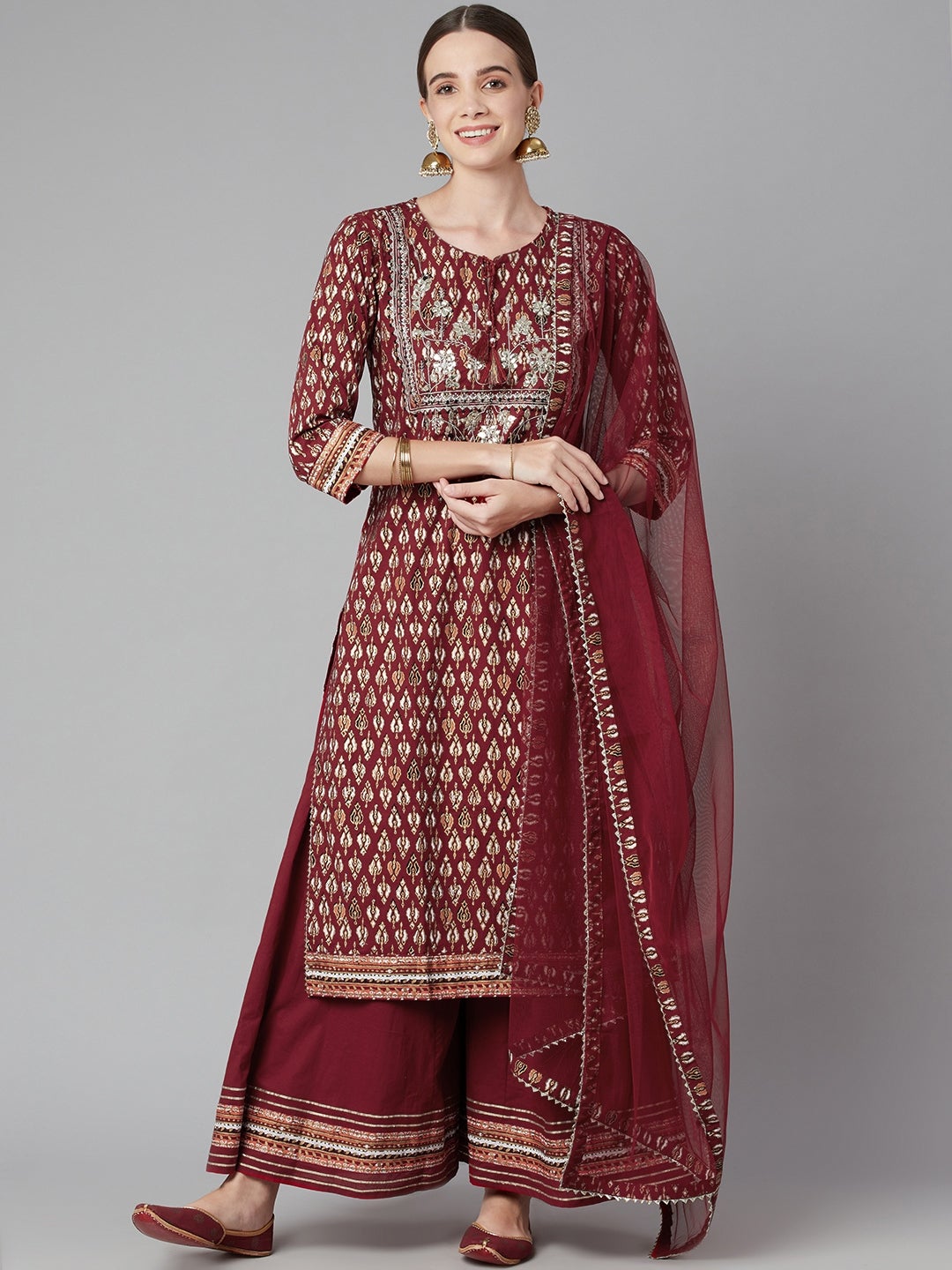 Women'S Maroon Cotton Kurta Palazzo Set With Net Dupatta | LASVINI - Redefining Indian Fashion with Elegance
