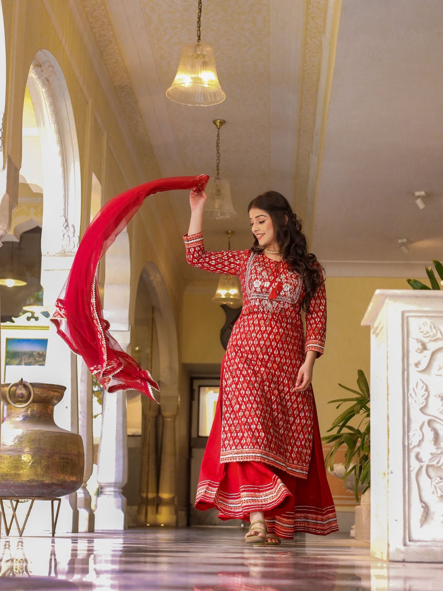 Women Maroon Cotton Kurta Palazzo Set With Net Dupatta | LASVINI - Redefining Indian Fashion with Elegance