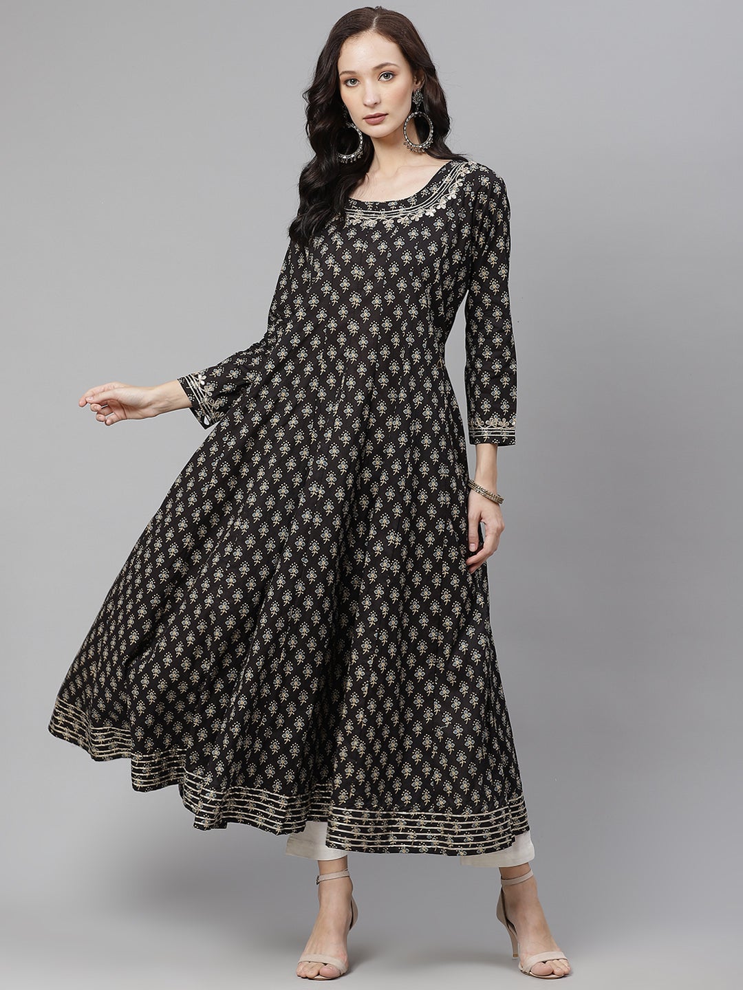 Women Black Floral Print Flared Kurta | LASVINI - Redefining Indian Fashion with Elegance