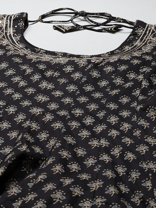 Women Black Floral Print Flared Kurta | LASVINI - Redefining Indian Fashion with Elegance