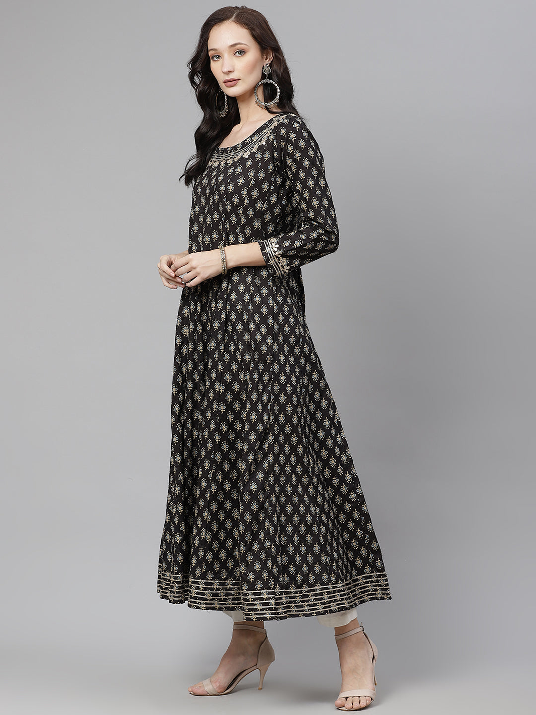 Women Black Floral Print Flared Kurta | LASVINI - Redefining Indian Fashion with Elegance