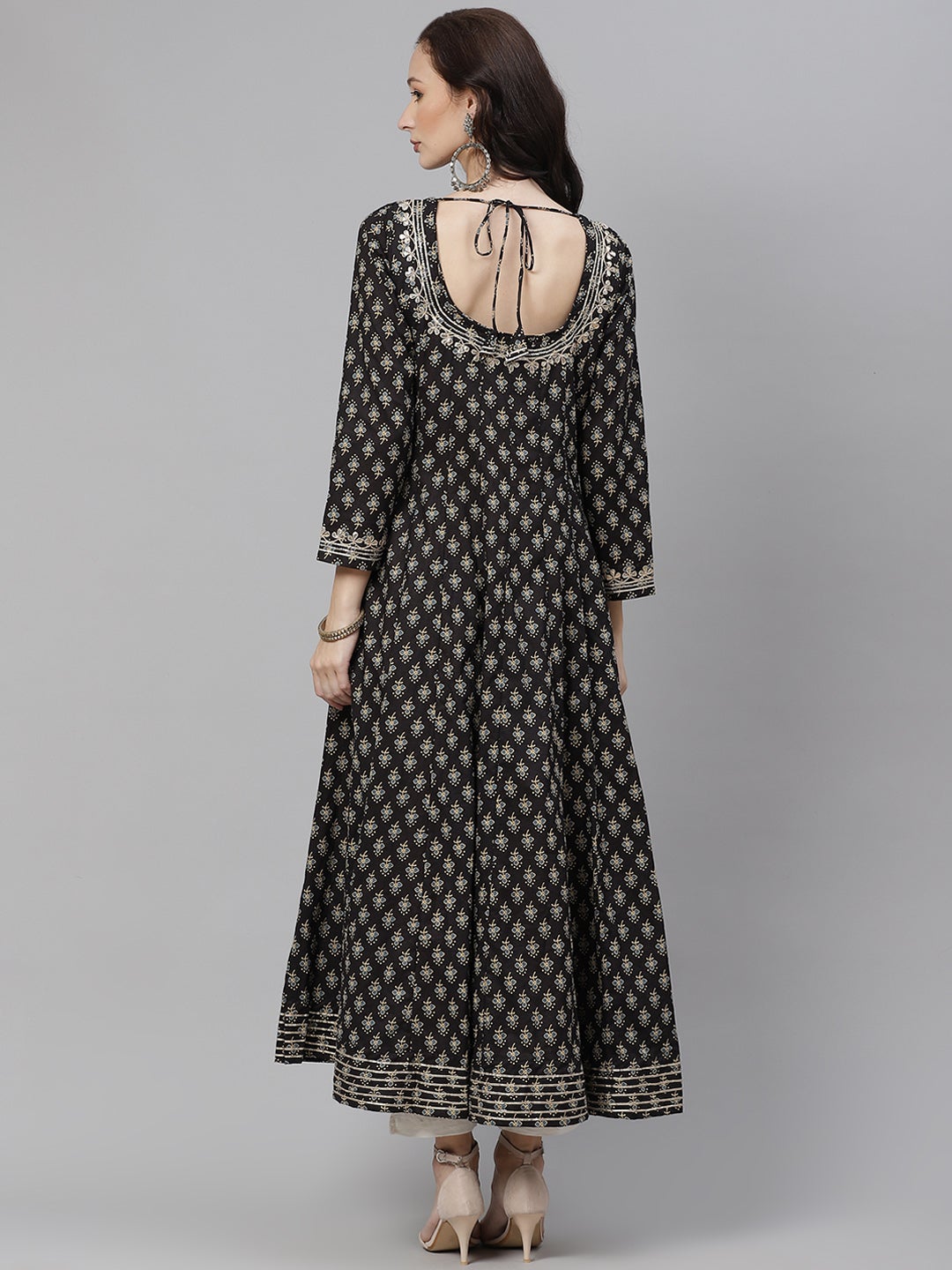 Women Black Floral Print Flared Kurta | LASVINI - Redefining Indian Fashion with Elegance