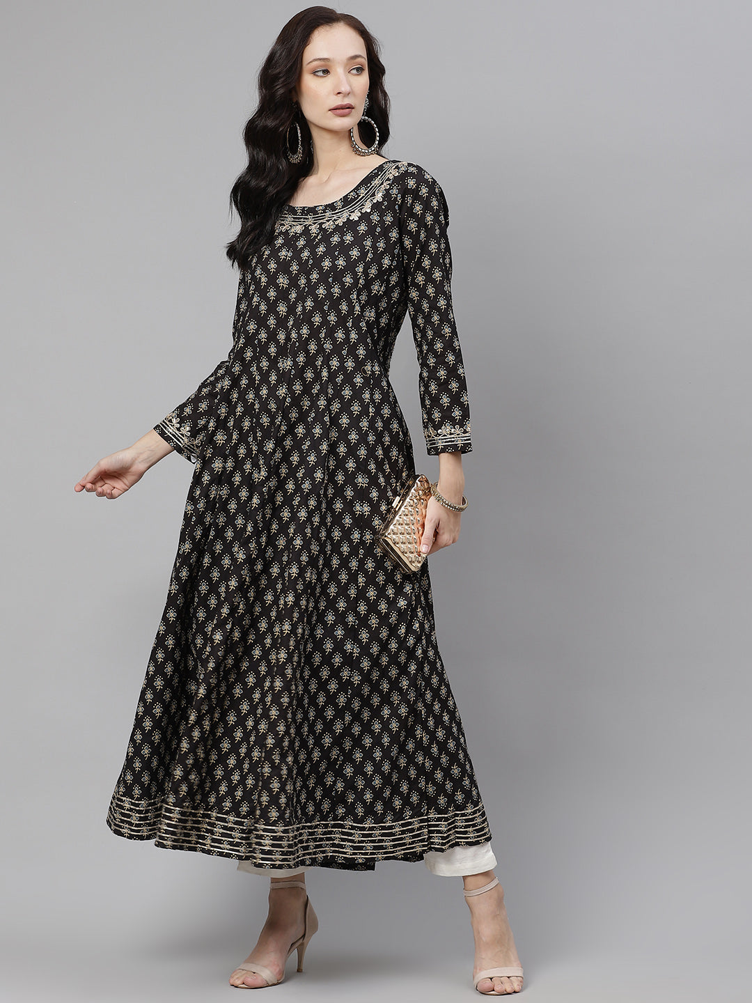 Women Black Floral Print Flared Kurta | LASVINI - Redefining Indian Fashion with Elegance