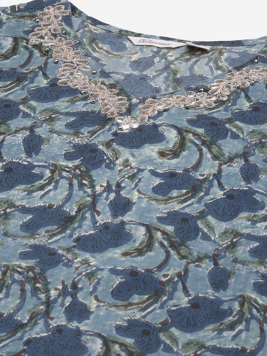 Women'S Blue Cotton Kurta With Skirt | LASVINI - Redefining Indian Fashion with Elegance