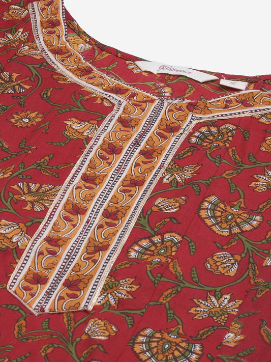 Women'S Red Flaired Cotton Anarkali Kurta | LASVINI - Redefining Indian Fashion with Elegance