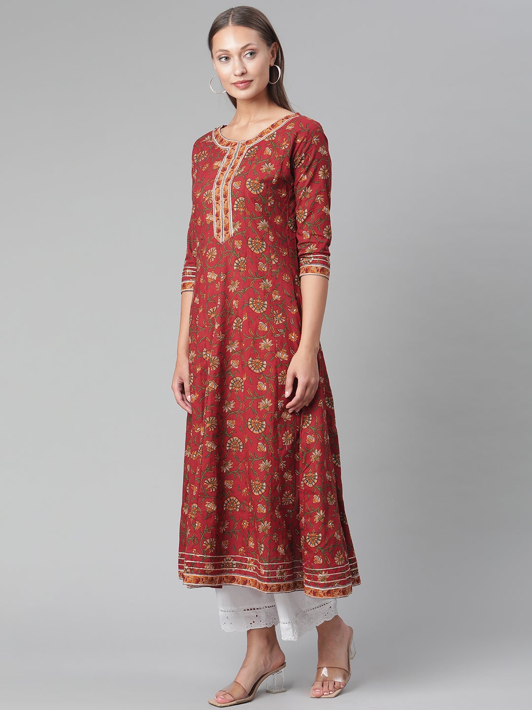 Women'S Red Flaired Cotton Anarkali Kurta | LASVINI - Redefining Indian Fashion with Elegance