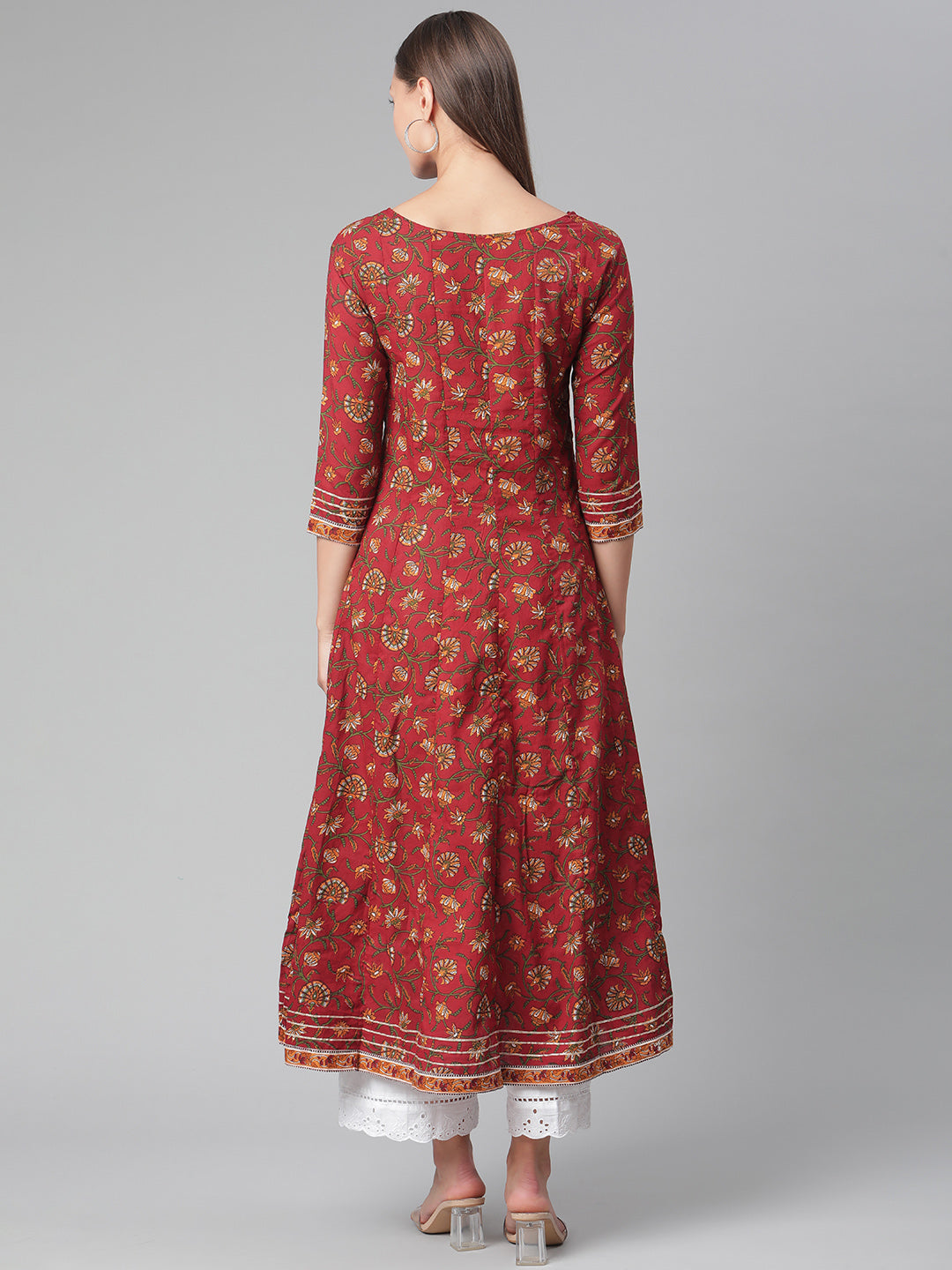 Women'S Red Flaired Cotton Anarkali Kurta | LASVINI - Redefining Indian Fashion with Elegance