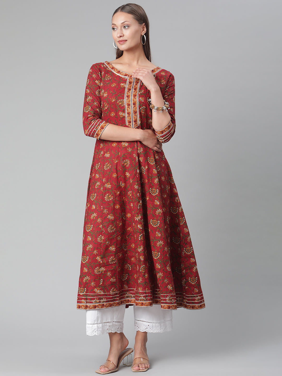 Women'S Red Flaired Cotton Anarkali Kurta | LASVINI - Redefining Indian Fashion with Elegance