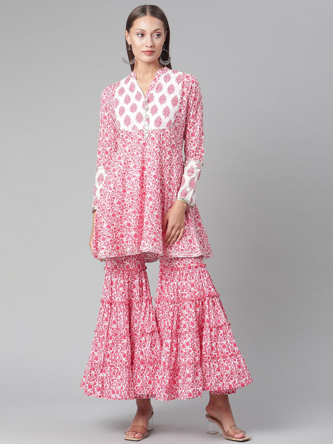 Women'S Red White Peplum Kurta With Sharara Set | LASVINI - Redefining Indian Fashion with Elegance
