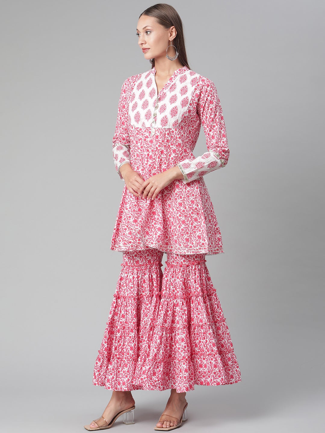Women'S Red White Peplum Kurta With Sharara Set | LASVINI - Redefining Indian Fashion with Elegance