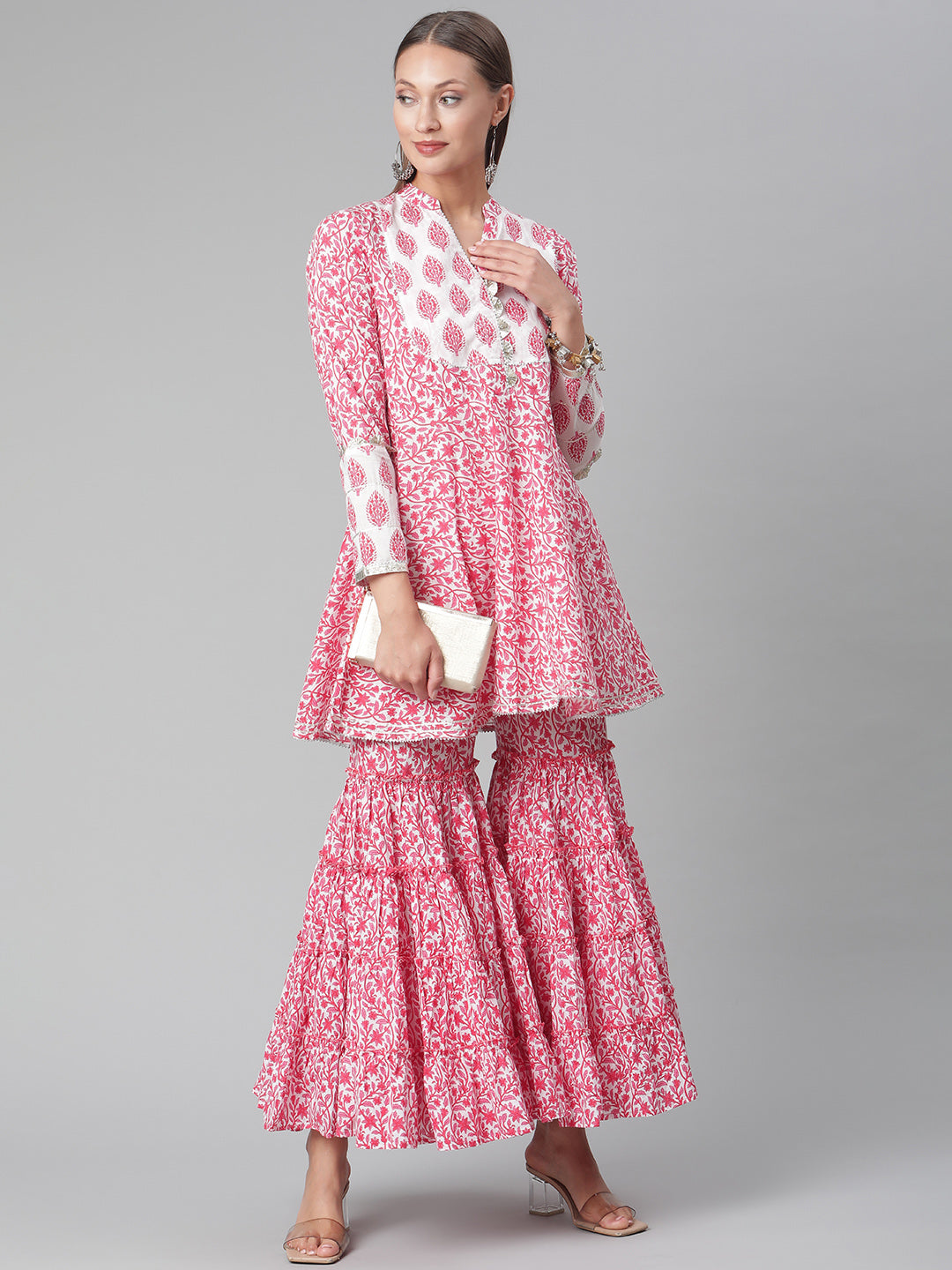 Women'S Red White Peplum Kurta With Sharara Set | LASVINI - Redefining Indian Fashion with Elegance