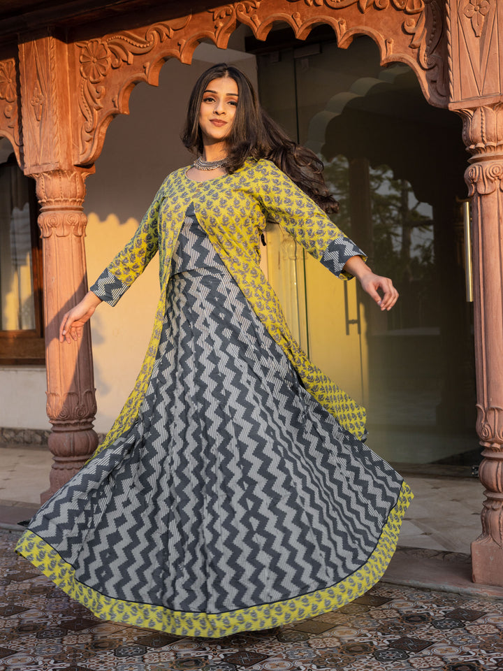 Women Yellow Shurg Style Cotton Kurta With Skirt | LASVINI - Redefining Indian Fashion with Elegance