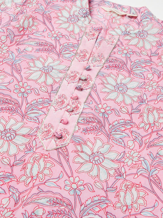 Women'S Pink Floral Printed Cotton Kurta Pant Set | LASVINI - Redefining Indian Fashion with Elegance