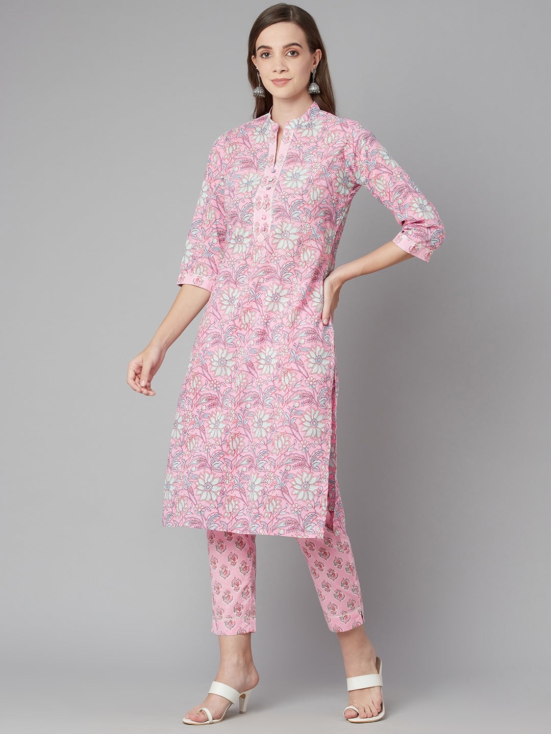 Women'S Pink Floral Printed Cotton Kurta Pant Set | LASVINI - Redefining Indian Fashion with Elegance