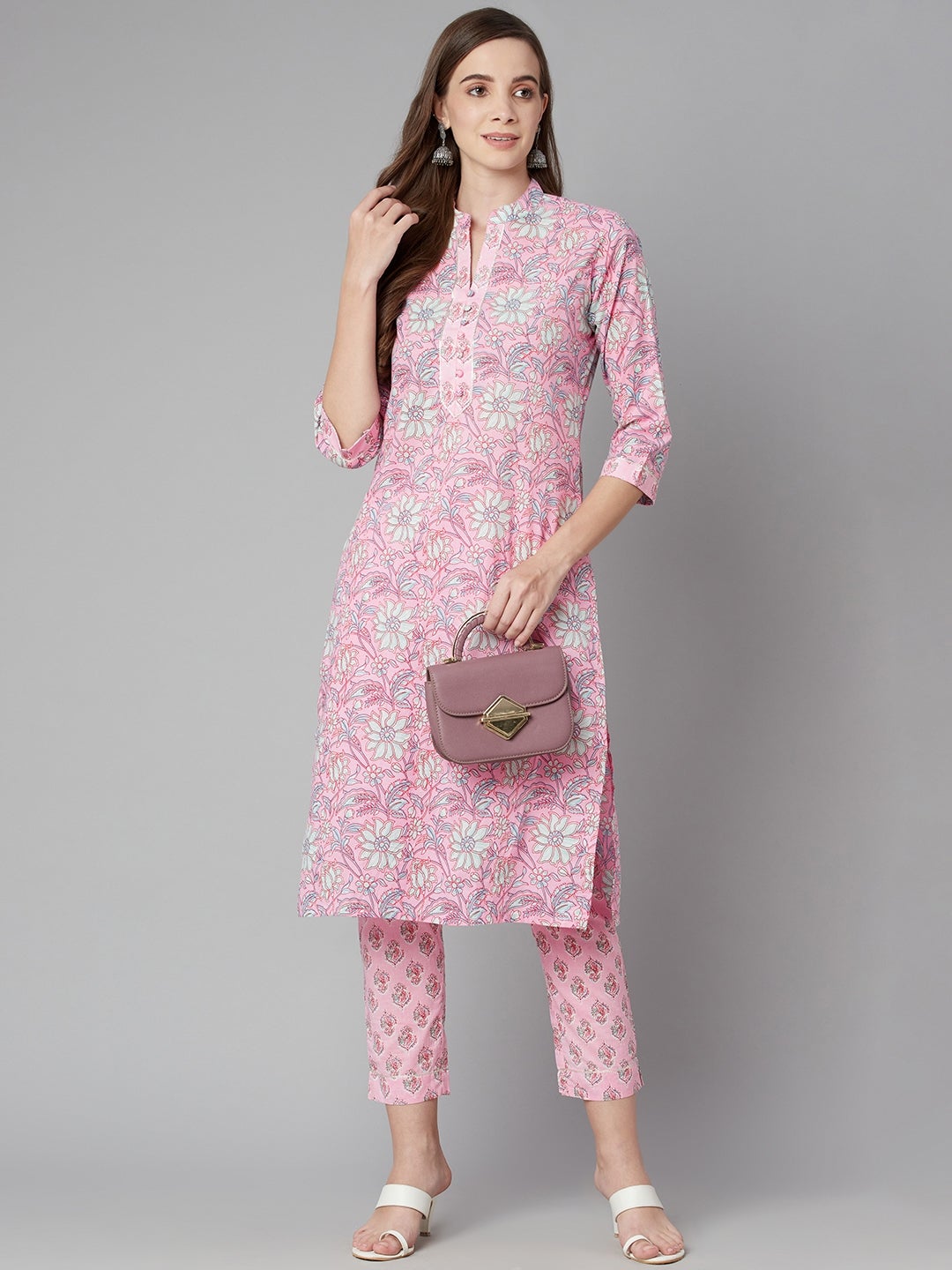Women'S Pink Floral Printed Cotton Kurta Pant Set | LASVINI - Redefining Indian Fashion with Elegance