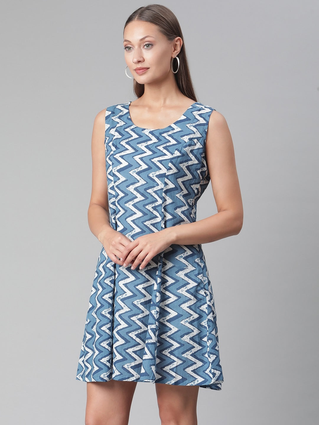 Women'S Blue Knee Length Cotton Dress | LASVINI - Redefining Indian Fashion with Elegance