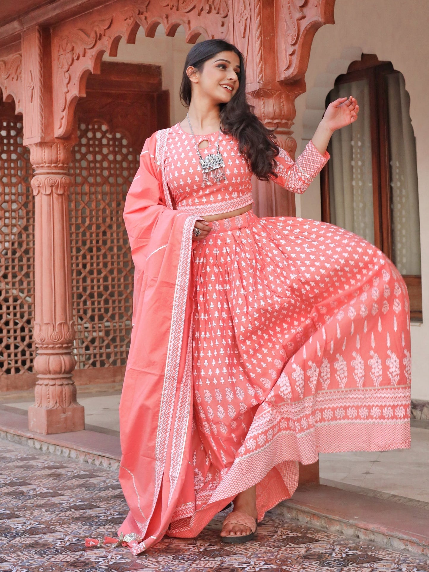 Women Pink Printed Crop Top, Lehenga With Dupatta Set | LASVINI - Redefining Indian Fashion with Elegance