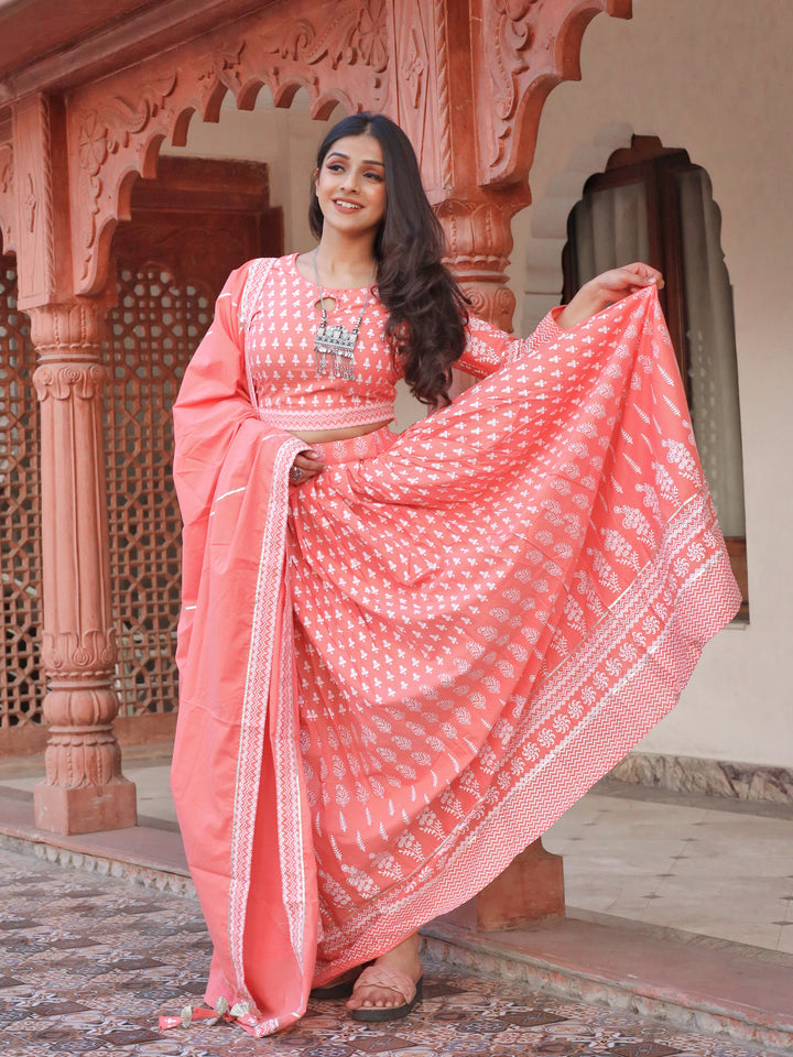Women Pink Printed Crop Top, Lehenga With Dupatta Set | LASVINI - Redefining Indian Fashion with Elegance