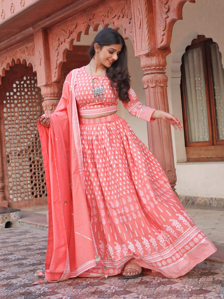 Women Pink Printed Crop Top, Lehenga With Dupatta Set | LASVINI - Redefining Indian Fashion with Elegance